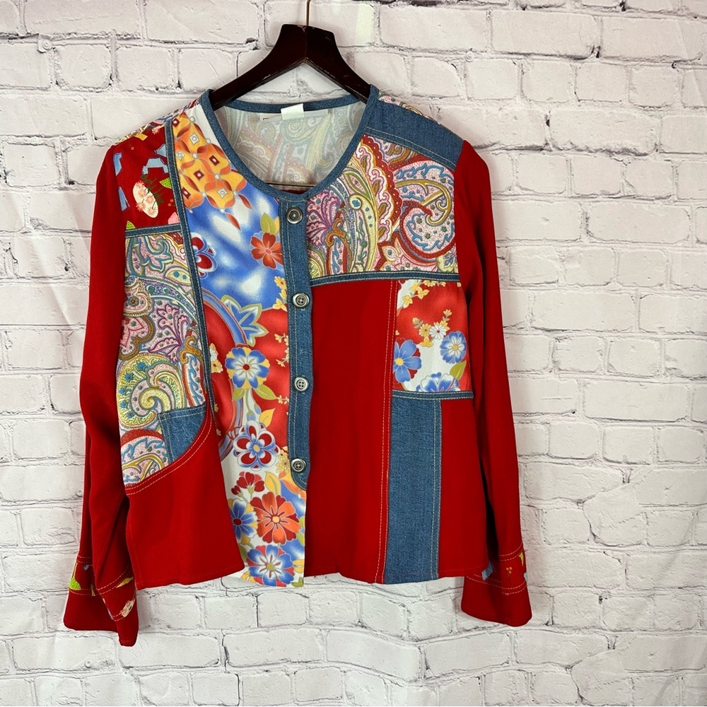 vtg tommy n loulou Colorful Patchwork Womens M jacket retro floral denim boho